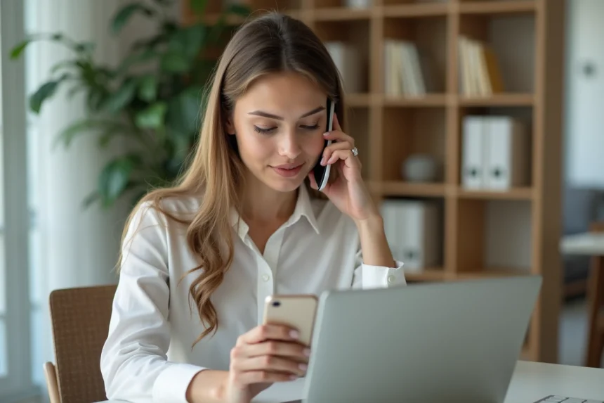 Jeune femme au bureau écoutant un voicemail sur son smartphone