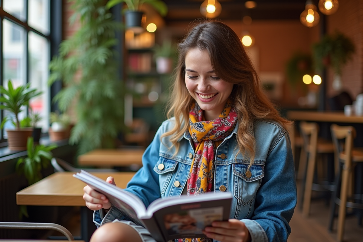 Jeune femme souriante dans un café vintage avec un magazine