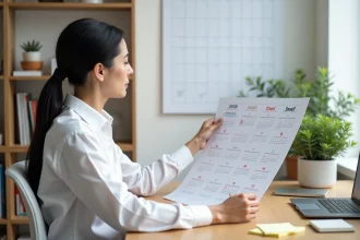Femme organisant son calendrier de travail 2026 avec les semaines paires sur un bureau en bois