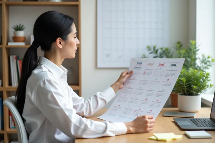 Femme organisant son calendrier de travail 2026 avec les semaines paires sur un bureau en bois