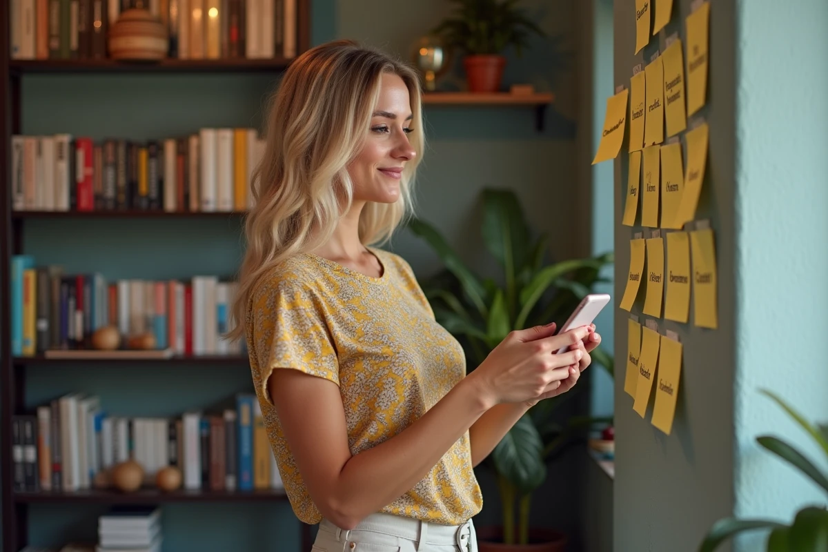 Femme blonde dans un salon avec notes et decor
