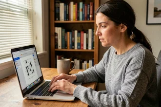 Femme concentrée résolvant le mot de passe du jour CodyCross sur un ordinateur portable dans un bureau à domicile