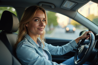 Femme calme au volant d'une voiture automatique moderne