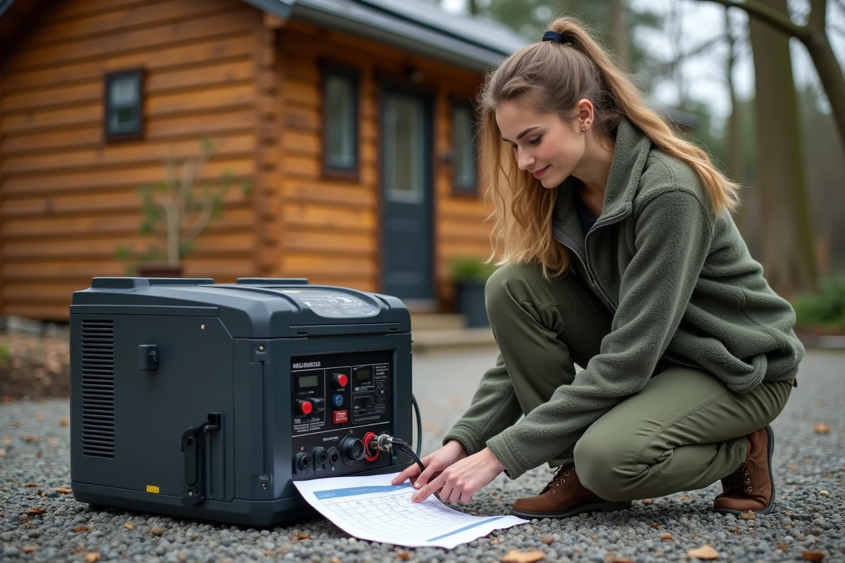 Jeune femme connectant une batterie solaire en extérieur