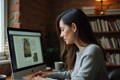 Femme consultant les archives de comptoir-des-abbayes.fr sur un ordinateur portable dans un bureau calme