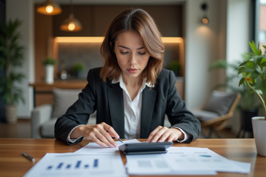 Femme d affaires examinant des documents de prêt immobilier