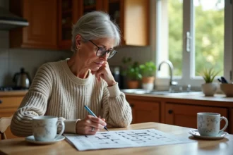 Femme d'âge moyen lisant un journal dans la cuisine