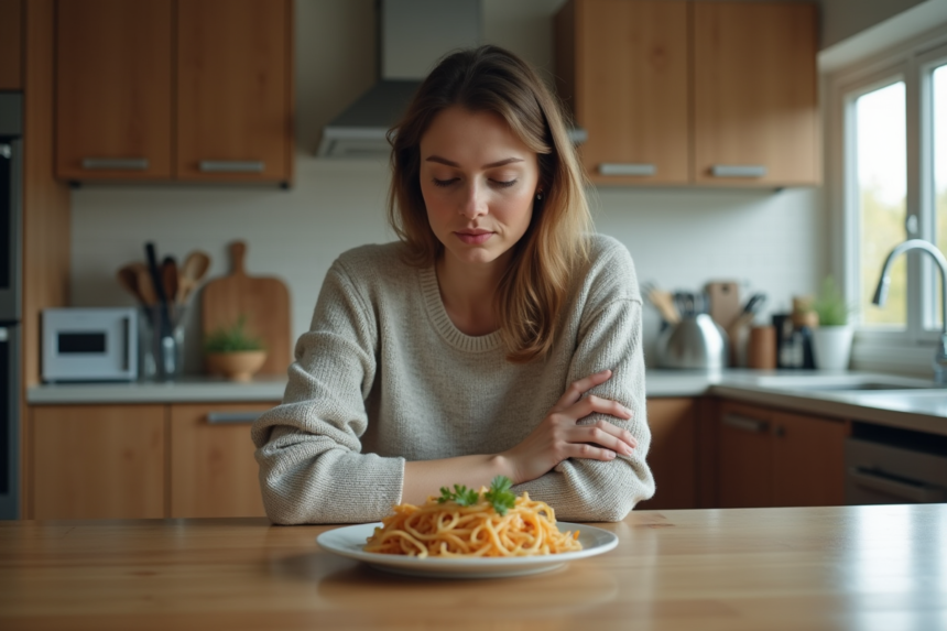 Femme seule dans la cuisine avec nourriture, ambiance réaliste