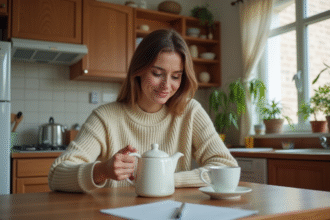 Femme dans sa cuisine en train de verser du thé