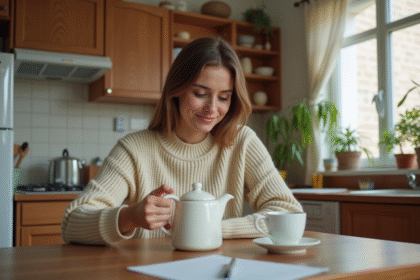 Femme dans sa cuisine en train de verser du thé