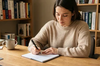 Femme écrivant une dictée dans un cahier sur un bureau en bois avec des dictionnaires en arrière-plan