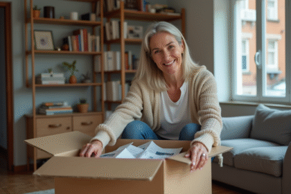 Femme souriante emballant des objets dans son salon chaleureux