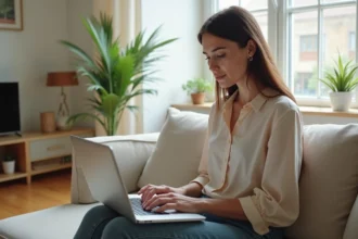 Femme évaluant la valeur de sa maison sur son ordinateur portable