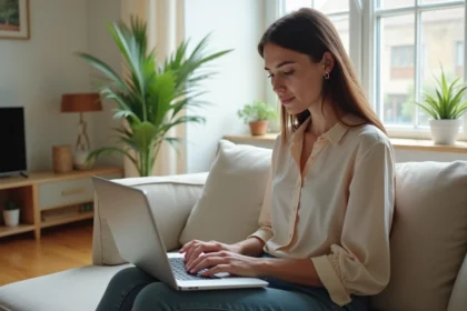 Femme évaluant la valeur de sa maison sur son ordinateur portable