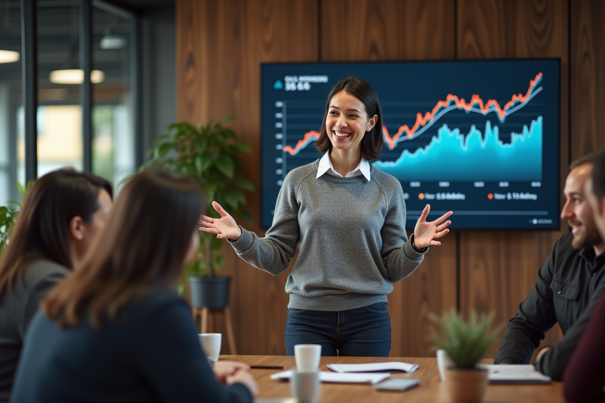 Femme discutant avec collègues devant un écran de bourse