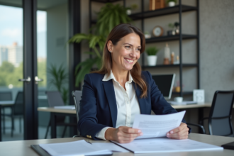 Femme d affaires souriante examine des documents d investissement