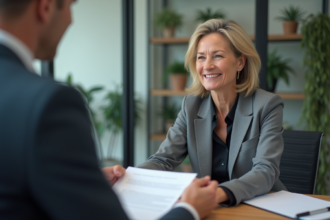 Femme d'affaires remet une lettre dans un bureau moderne