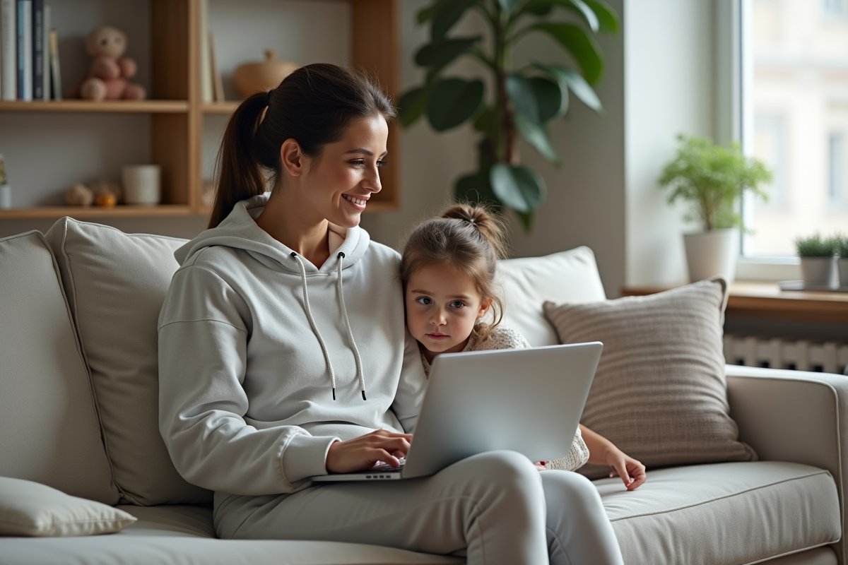 Femme et enfant dans un salon domestique chaleureux