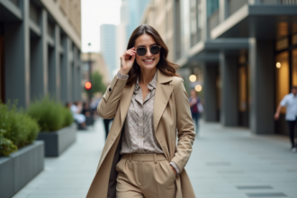 Femme élégante en trench beige dans une ville moderne