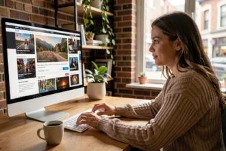 Femme consultant sa page d'accueil personnalisée Buzzmax quotidien sur un ordinateur de bureau dans un bureau à domicile moderne