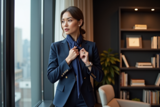 Femme élégante en tailleur navy ajustant une écharpe