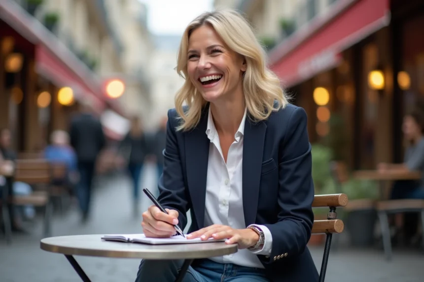 Femme française souriante dans un café parisien