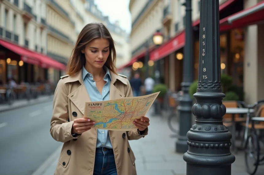 Jeune femme étudie un plan de Paris dans la rue