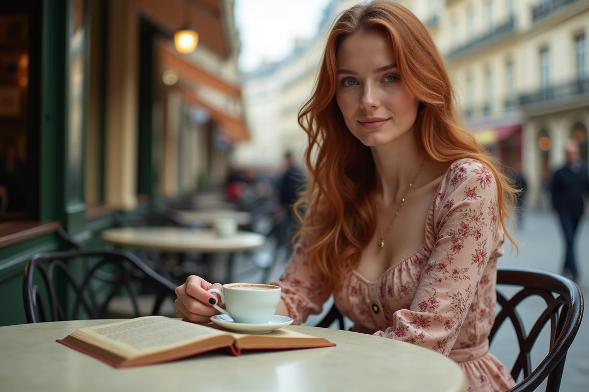 Femme parisienne lisant en terrasse de café avec une pochette de disque vinyle de chanson française, ambiance nostalgique années 80