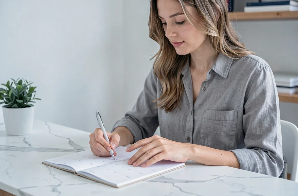 Femme écrivant sur un planning mensuel minimaliste imprimé dans un bureau épuré à la maison