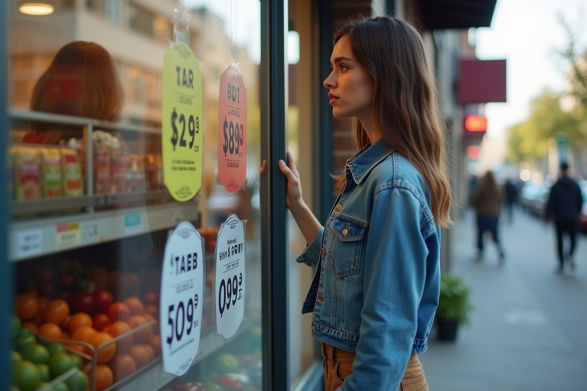 Jeune femme observant les prix dans un supermarché