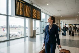 Femme professionnelle dans un aéroport avec valise et tableau de départs