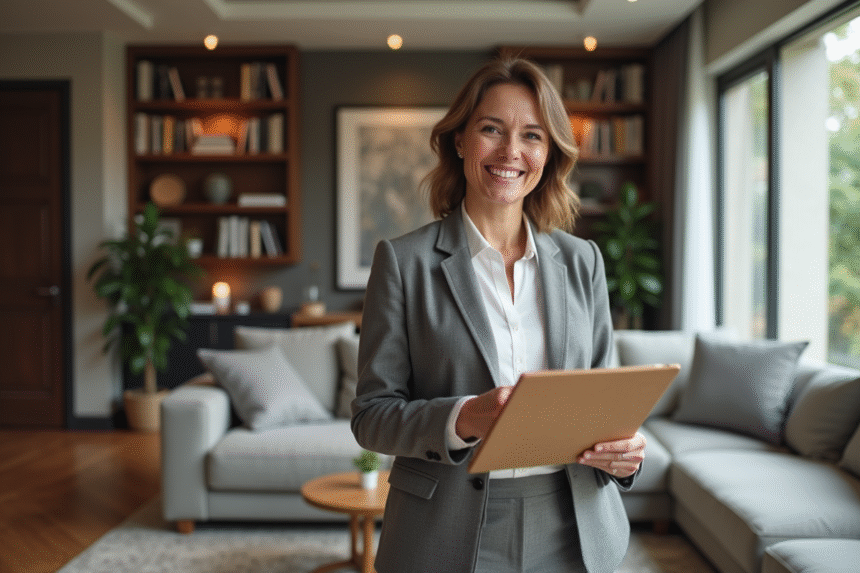Femme professionnelle souriante dans un salon moderne