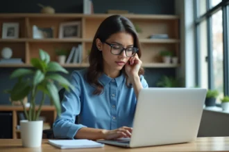 Jeune femme professionnelle travaillant sur son ordinateur dans un bureau moderne
