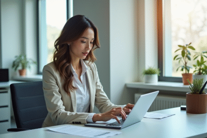 Femme professionnelle utilisant une tablette dans un bureau lumineux