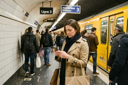 Femme consultant son téléphone sur le quai du métro parisien ligne 3 pendant son trajet domicile-travail