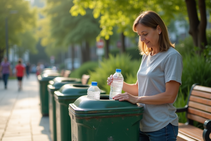 Femme en vêtements recyclés triant des bouteilles dans un parc urbain