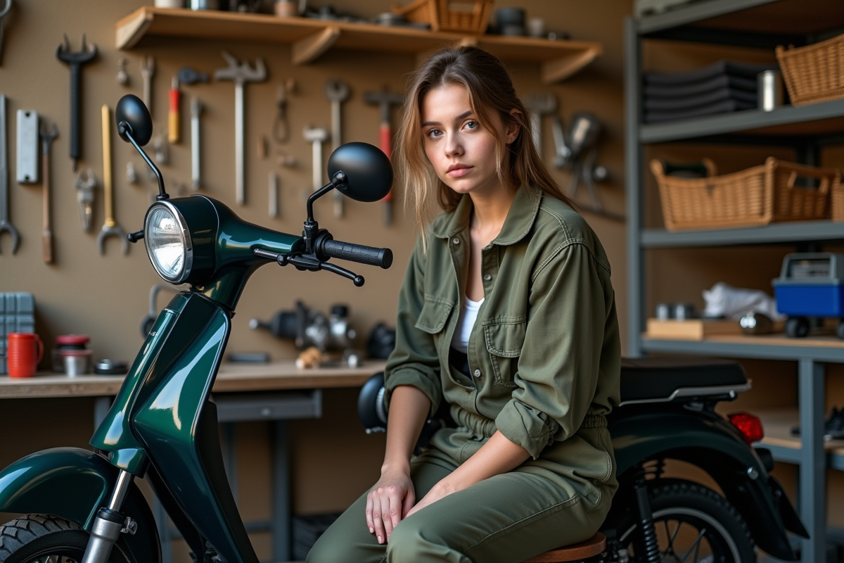 Femme changeant le filtre à air de sa moto Dax Skyteam