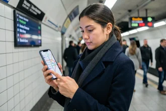 Femme consultant une application de trafic RATP et Google Maps sur smartphone dans le métro parisien
