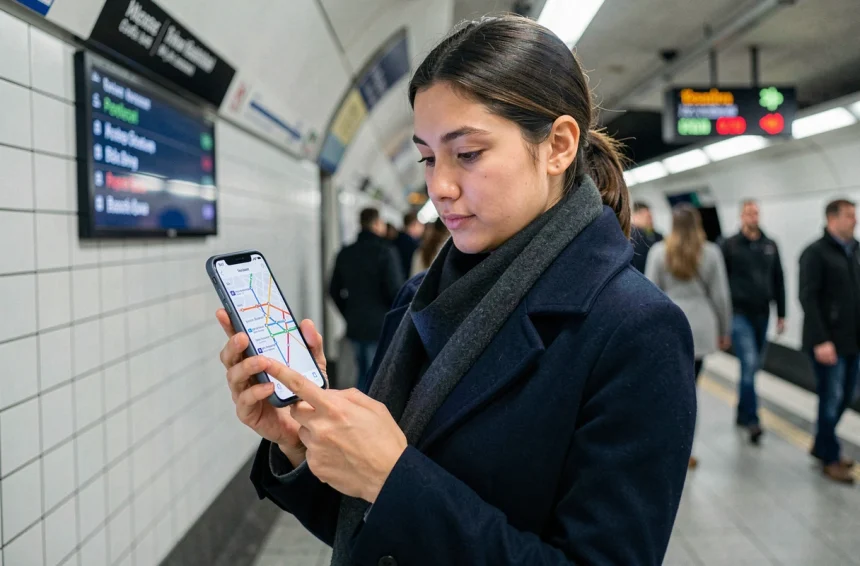 Femme consultant une application de trafic RATP et Google Maps sur smartphone dans le métro parisien