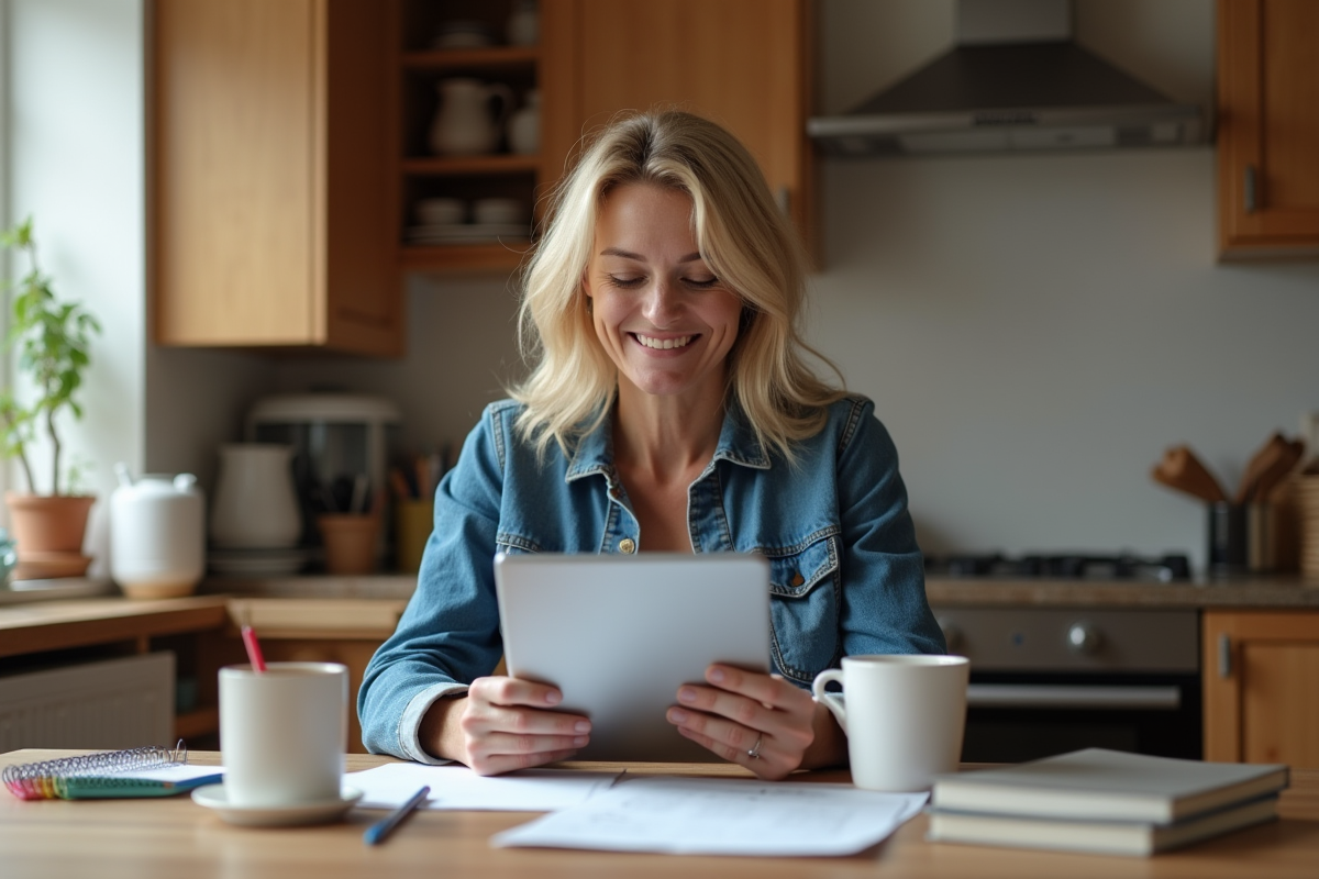 Femme souriante regardant le rapport scolaire sur sa tablette