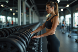 Femme sportive choisissant une barre dans une salle de gym moderne