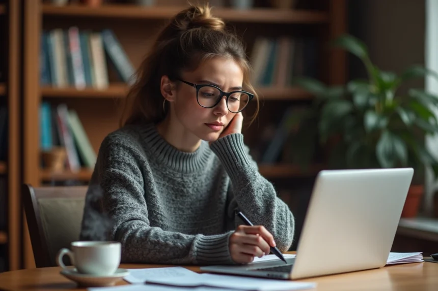Femme concentrée devant un écran résolvant une grille de mots dans un bureau à domicile chaleureux