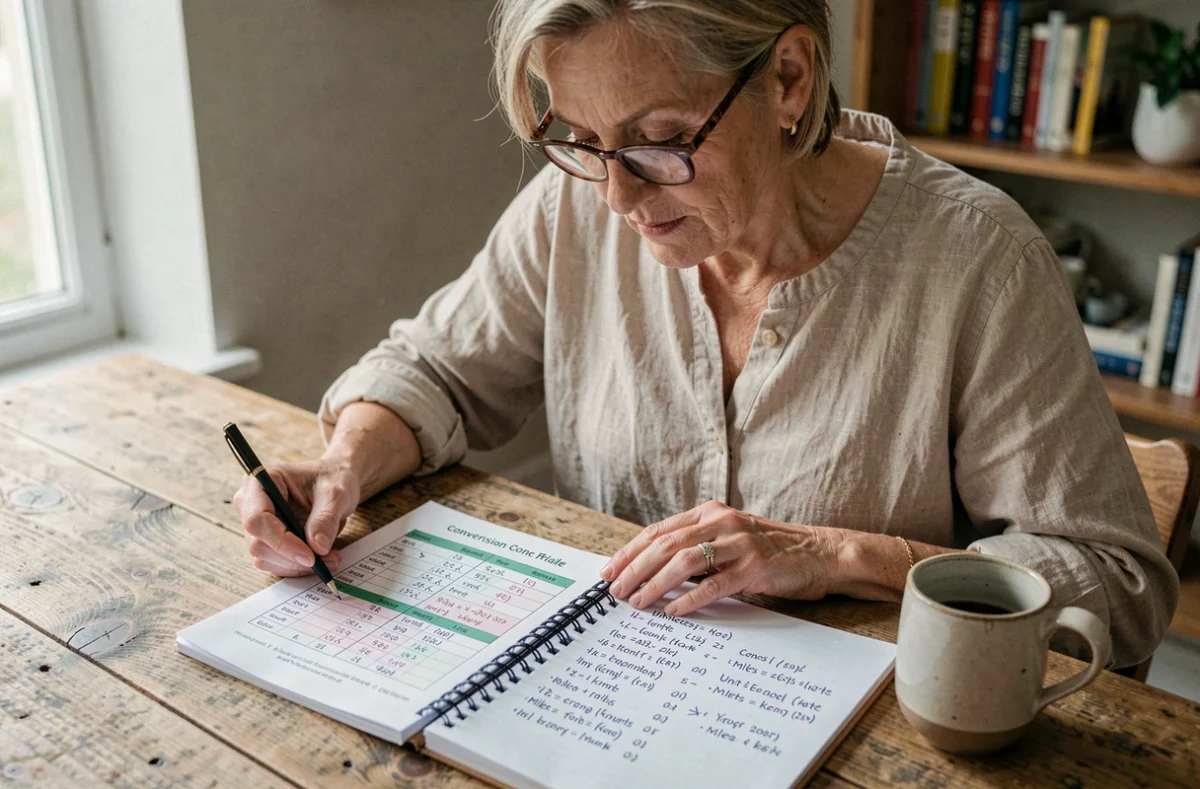 Femme consultant un tableau de conversion miles kilomètres manuscrit à une table en bois