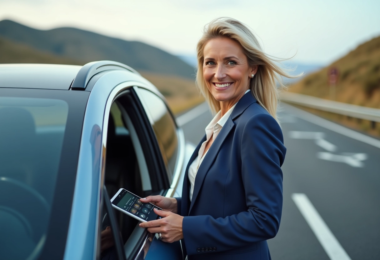 Femme d affaires à côté de sa voiture électrique sur l autoroute