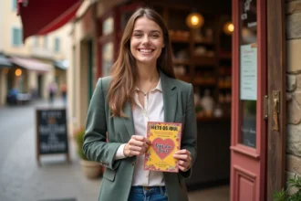 Jeune femme souriante avec flyer devant boulangerie en village