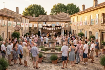 Fête de village authentique en Provence avec habitants rassemblés autour d'une scène musicale sur une place pavée en pierre dorée