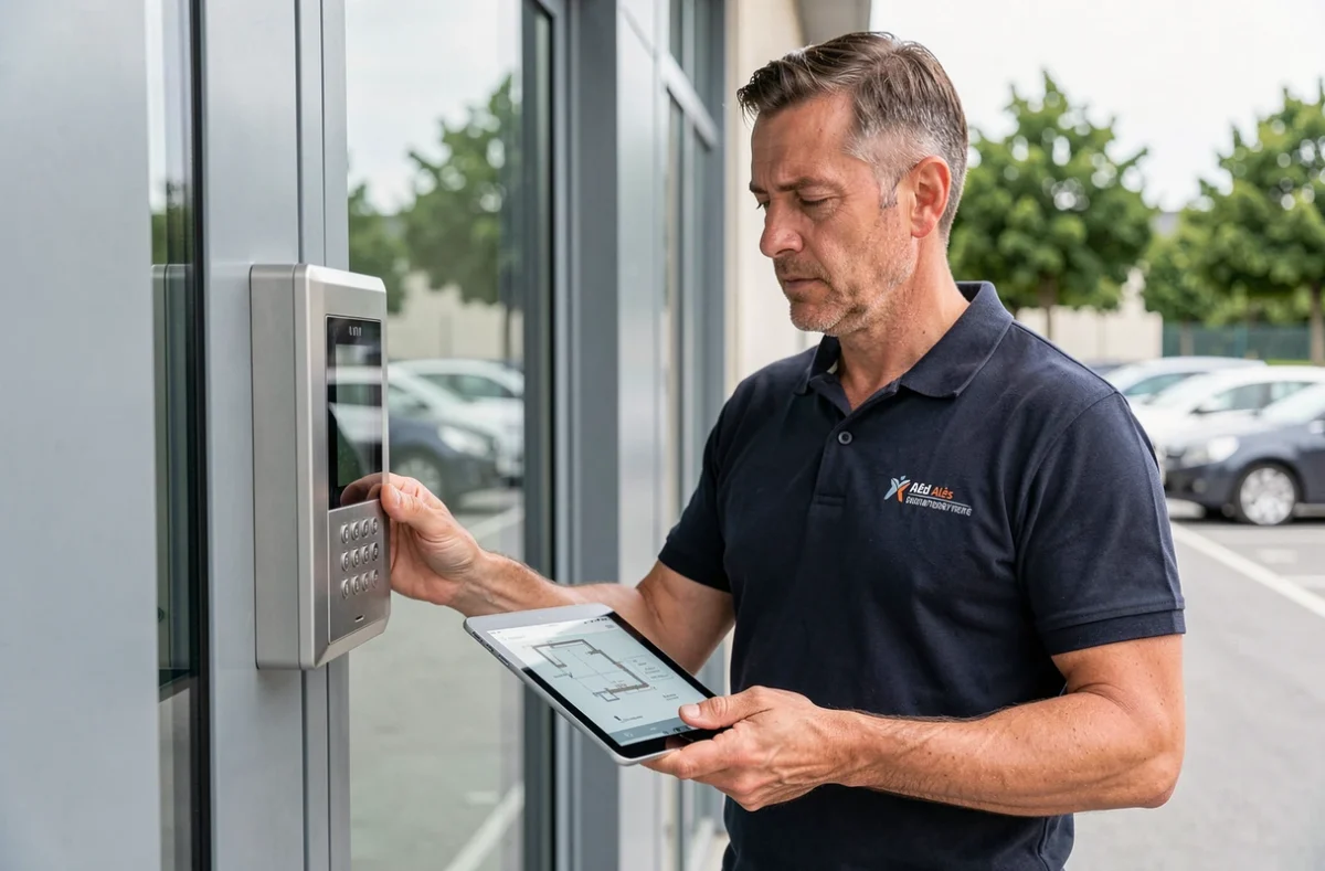 Serrurier référencé F.I.E. installant un contrôle d'accès électronique sur un bâtiment commercial à Alès