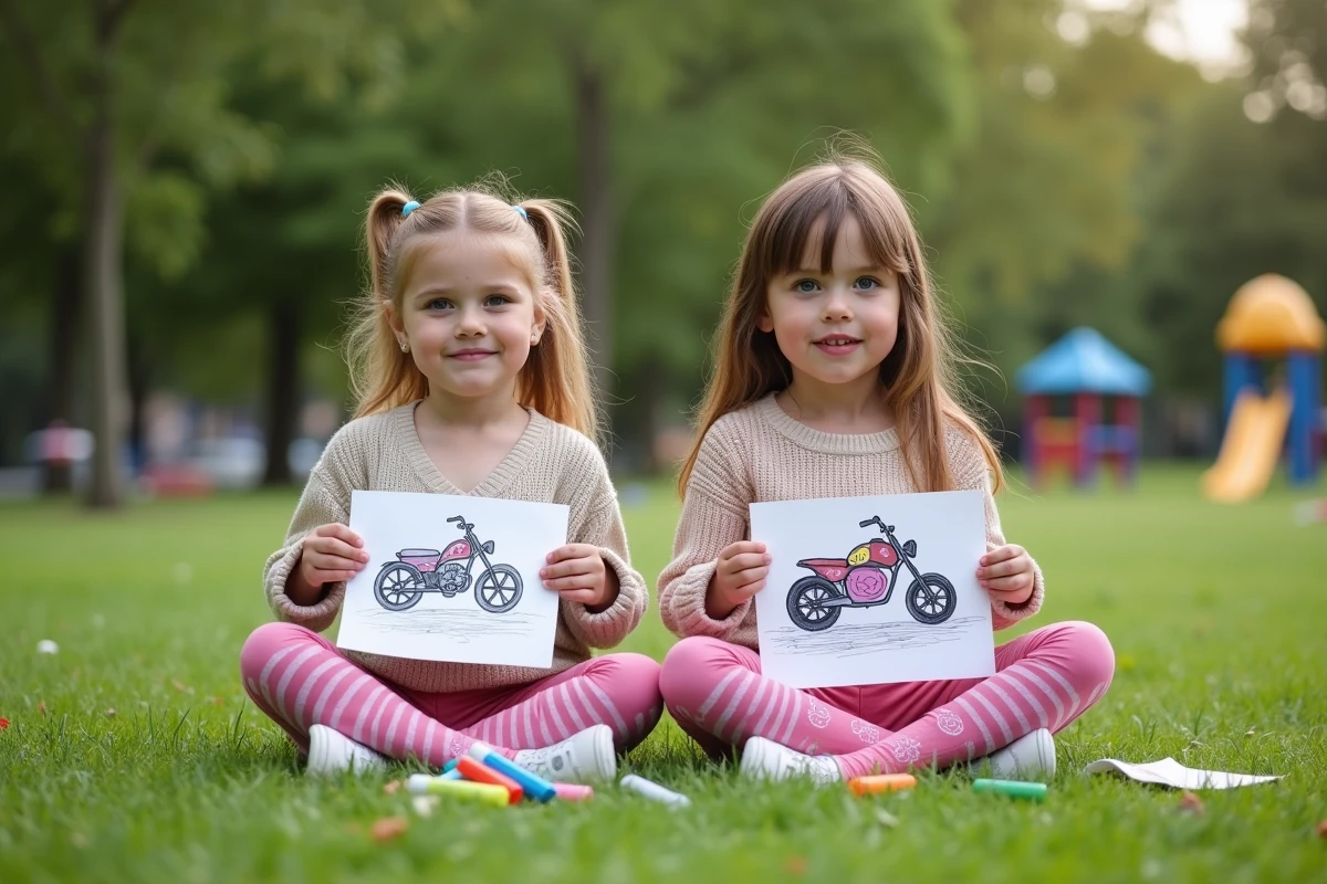 Deux filles coloriant une moto dans un parc en plein air