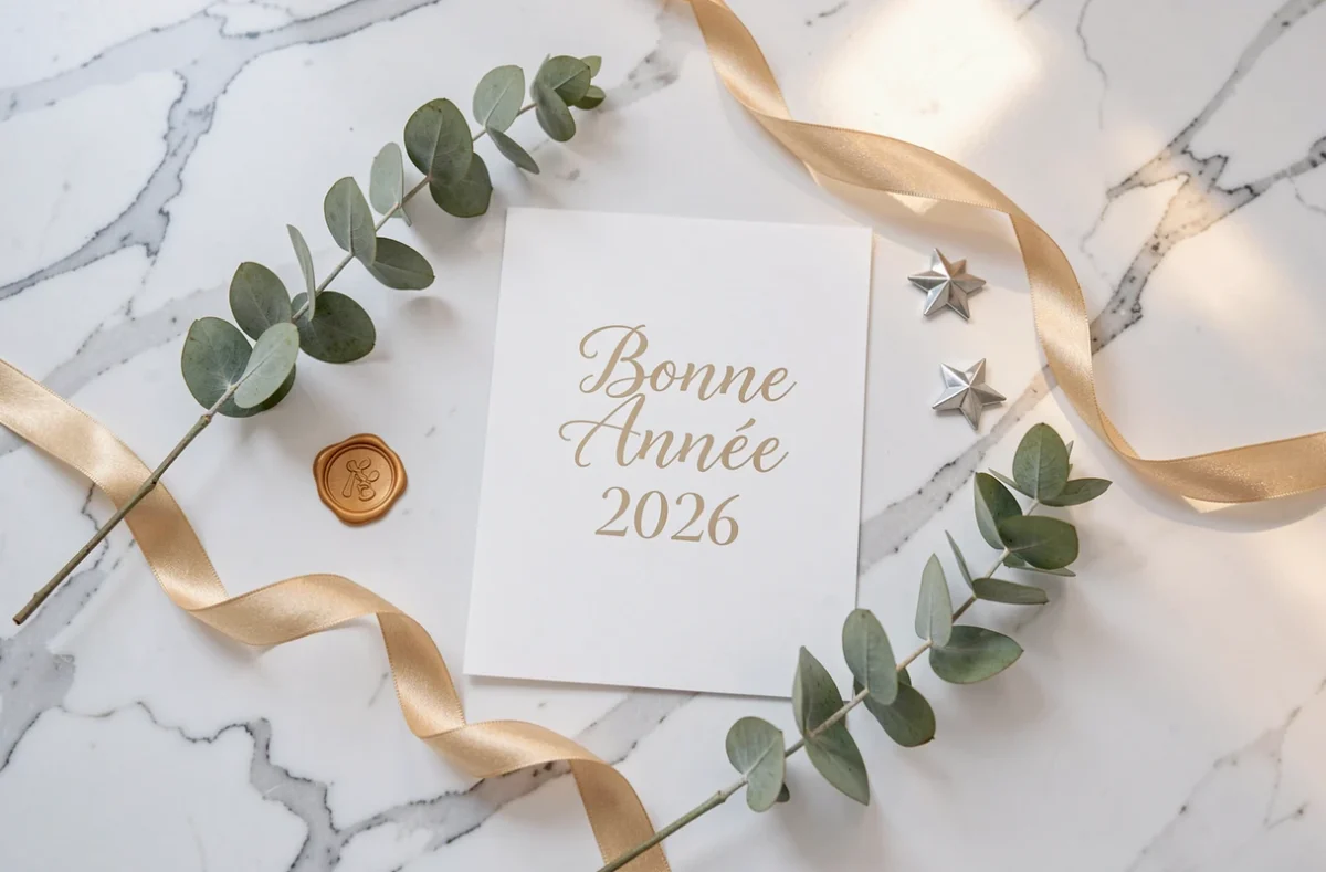 Flat-lay d'une carte de vœux Bonne Année 2026 entourée de décoration dorée et de feuillage sur marbre