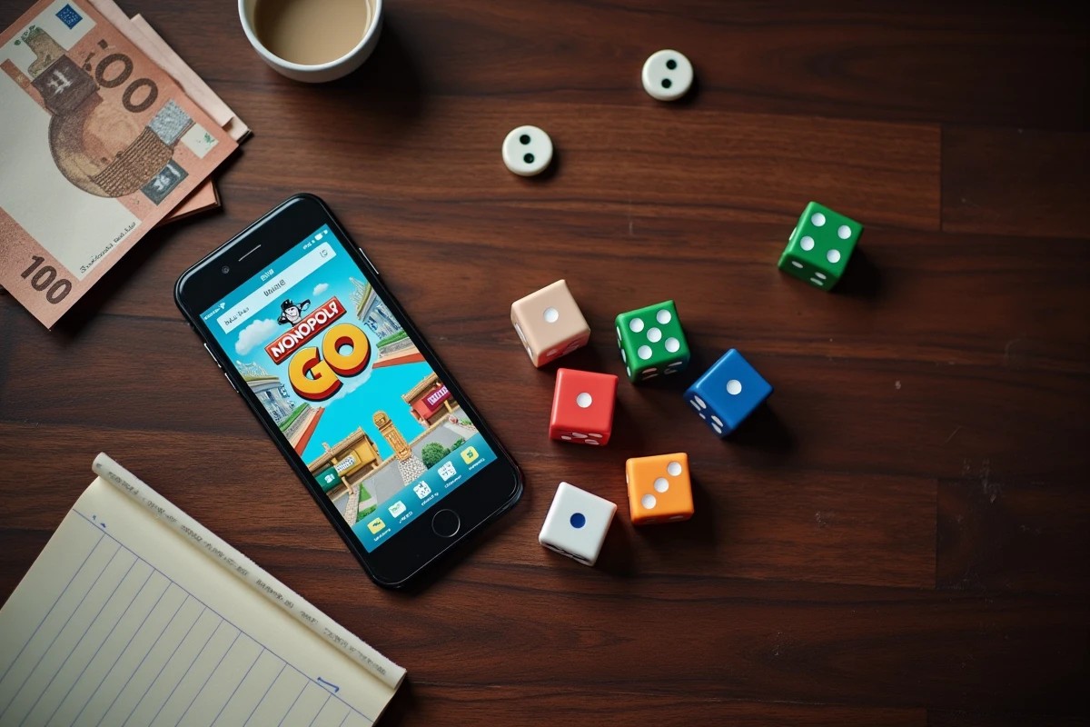 Vue de dessus de dés de jeu de société posés sur un bureau à côté d'un smartphone affichant l'application Monopoly Go
